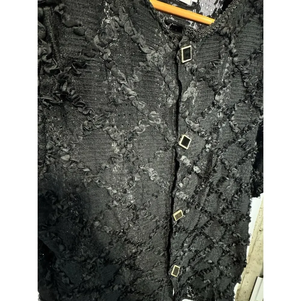 L3 Vintage Women’s Black Lace Top With Appliqué Ruffles And Gold Buttons Size L